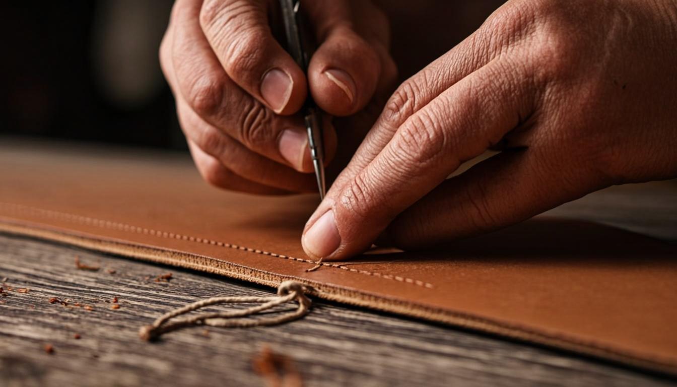Mains d'artisan cousant le cuir